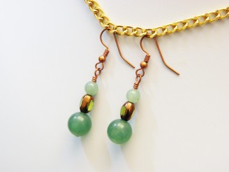 Light & Dark Green Aventurine Beads, Foiled Glass Brads, Copper Fish Hook Ear Wires